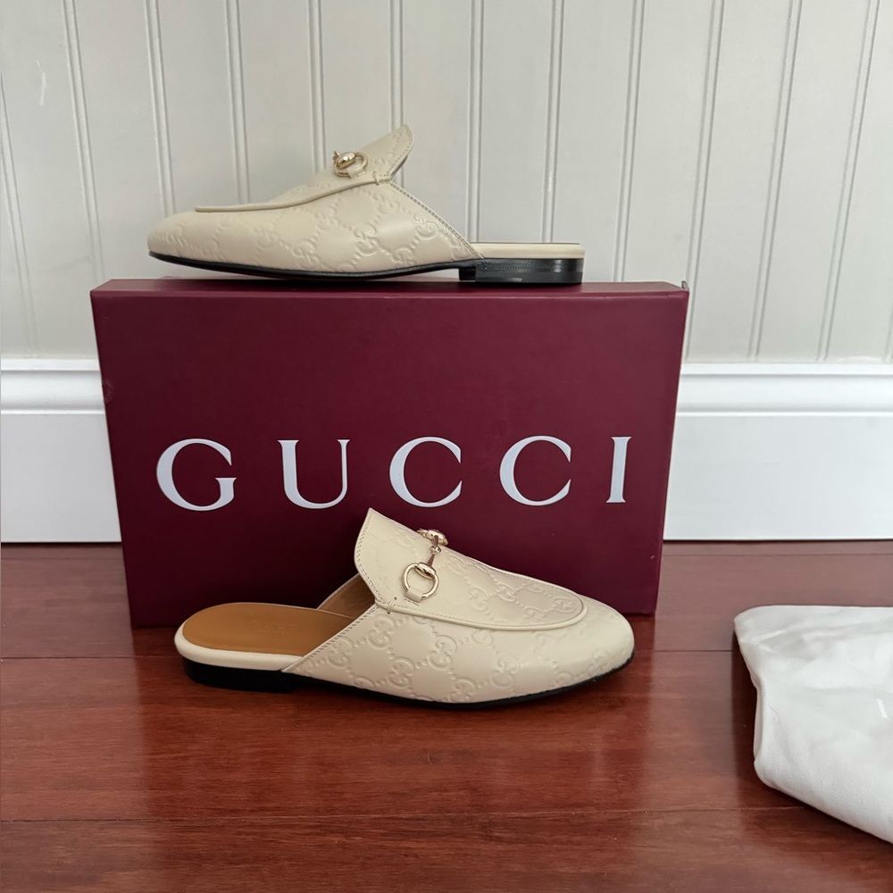 Gucci Princetown GG Logo Embossed Leather Horsebit Mules In Sand Eu 36.5 US 6.5
